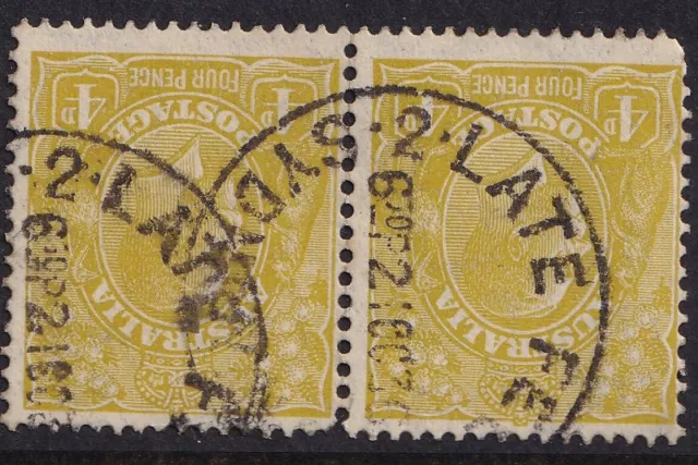 4d KGV CofA OLIVE *SYDNEY 2 LATE FEE*  POSTMARK VICTORIA PAIR  ACSC 117  SG 129