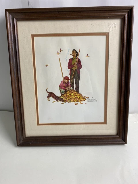 Vintage Rare Norman Rockwell Raking Leaves Color Wood Framed Print 12" x 16"