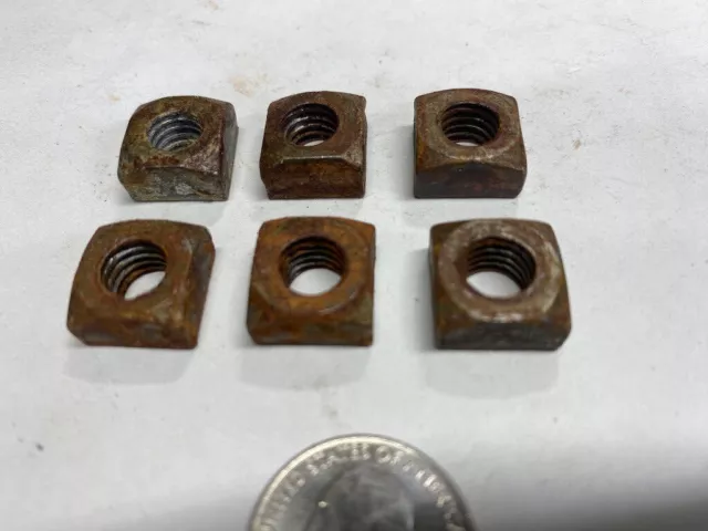 6 VINTAGE RUSTY CRUSTY SQUARE NUTS 3/8" Course ANTIQUE RESTORATION and Repair