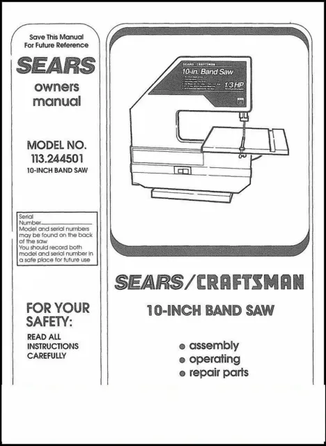 Band Saw Owners Operators Instruction Parts Manual 1996 Craftsman 10" 113.244501