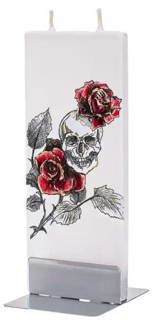 Vela plana delgada de mecha doble hecha a mano Flatyz - cráneo con rosas rojas