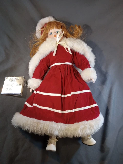 Heritage Mint Collection 15" Porcelain Doll Christmas Red Velvet Dress w Tags VG