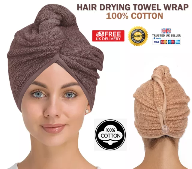 100% Cotton Hair Drying Towel Wrap After Shower Quick Dry Hair Turban Hat Cap UK