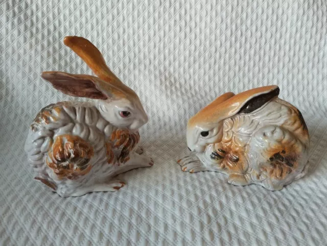 Vintage Ceramic  Bunny Rabbit Figurines Set of 2 Italy Limited Edition Has Chips