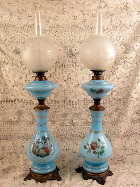 ANTIQUE FENTON large WRIGHT PAIR OF BLUE Hand Painted SATIN OIL LAMPS