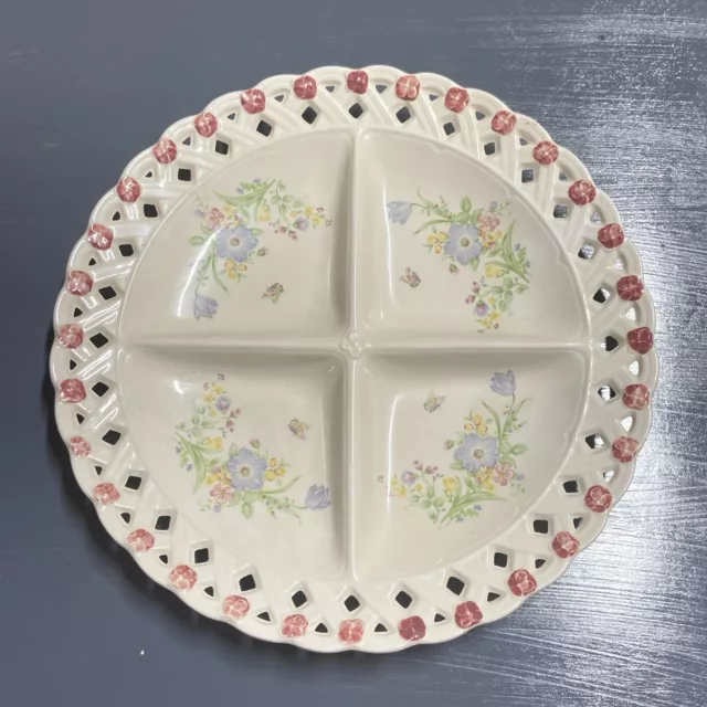 Lrg Ceramic Pierce 4 Part Round Serving Plate Purple Flower Butterfly Japan 12"