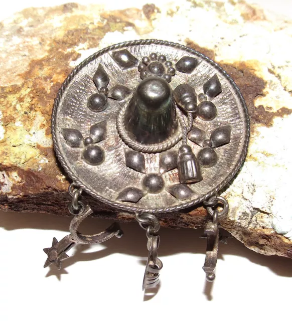 Vintage Early Taxco Mexico 900 Silver Sombrero Hat with Charms Brooch Pin