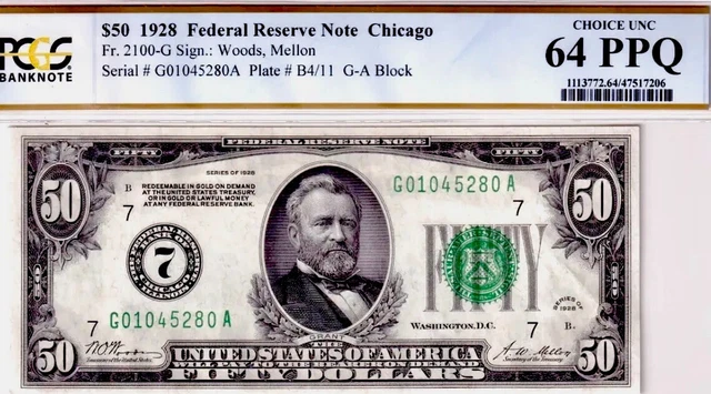 1928 $50 FRN Fr.2100-G POP1! NUMERICAL CHICAGO PCGS-B 64PPQ💎(POP 1)WOODS/MELLON