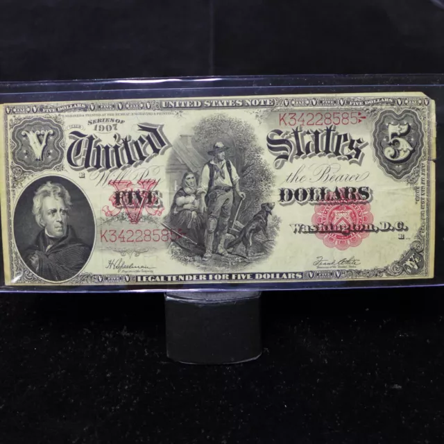 1907 $5 LEGAL TENDER *WOODCHOPPER* NOTE - VF Details missing corner taped