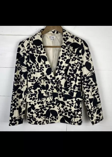 VTG Chadwick Classics Women Blazer Jacket Sz 4P Ivory Black Floral Linen Cotton