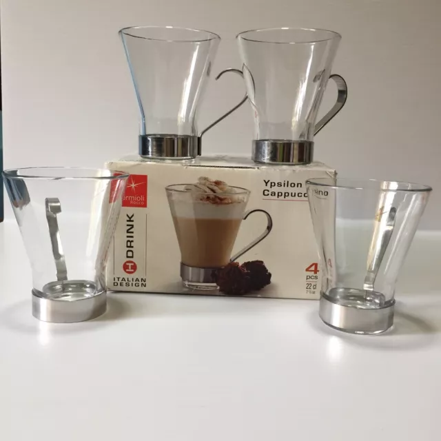 Ypsilon Cappuccino 4 Steel Handle Glass Coffee Cups in Box Bormioli Rocco Italy