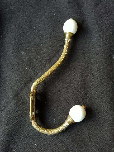 One Reclaimed Antique Brass & Porcelain Victorian Hat & Coat Hook (EB7)