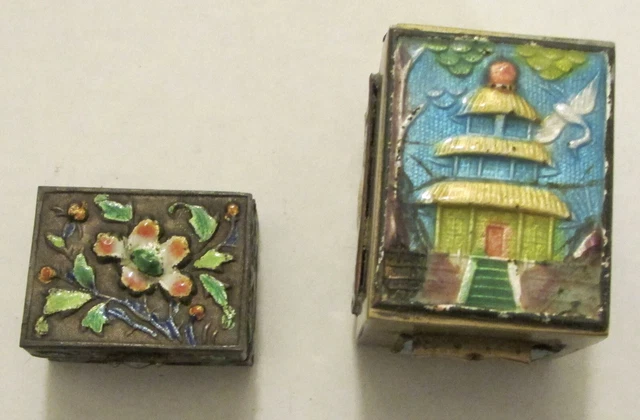 2 Vintage Enamel Painted Brass Metal Hinge Stamp Box China Blue Pagoda Flower