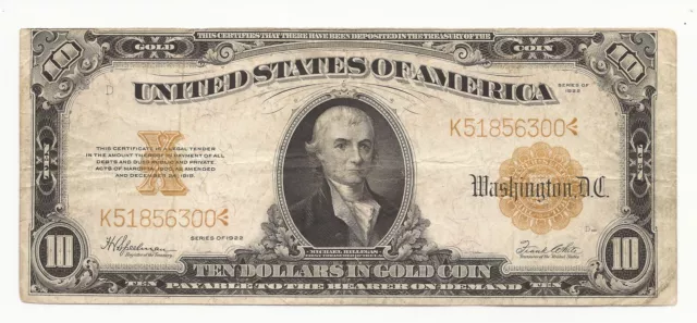 1922 Large Size $10 Bill Gold Certificate Note 300-TNMA