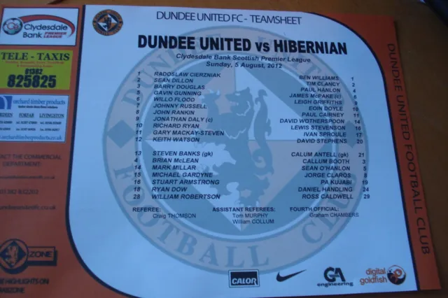 Dundee United V Hibernian (Hibs)            Colour Teamsheet              5/8/12
