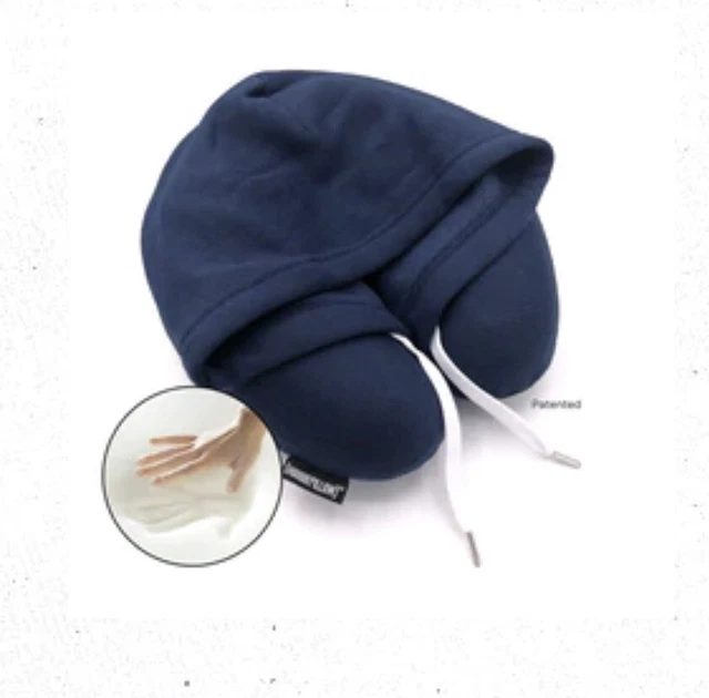 Memory Foam Warm Hoodie U Shaped Travel Pillow Neck Soft Hood Cushion Navy Blue