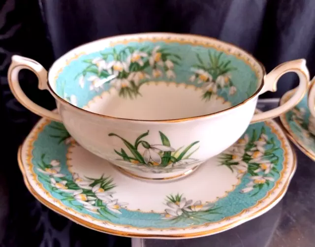 Footed Cream Soup Bowl & Saucer Set Marilyn QUEEN ANNE ENGLAND SNOWDROP FLOWER