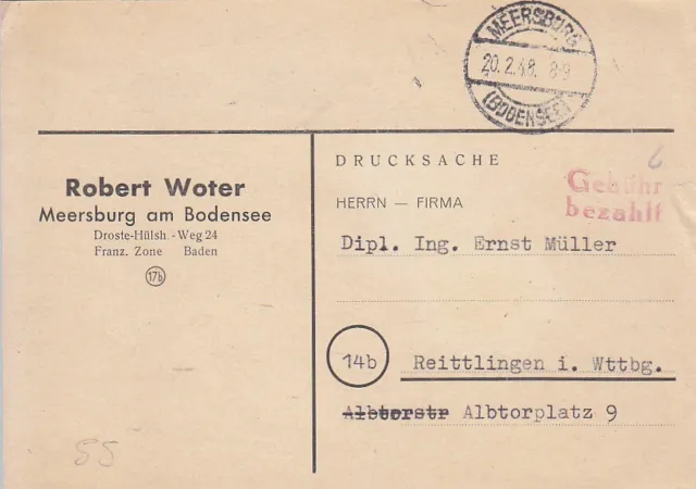 F.Zone - MEERSBURG  (BODENSEE)  - Gebühr bezahlt - Karte - 1948