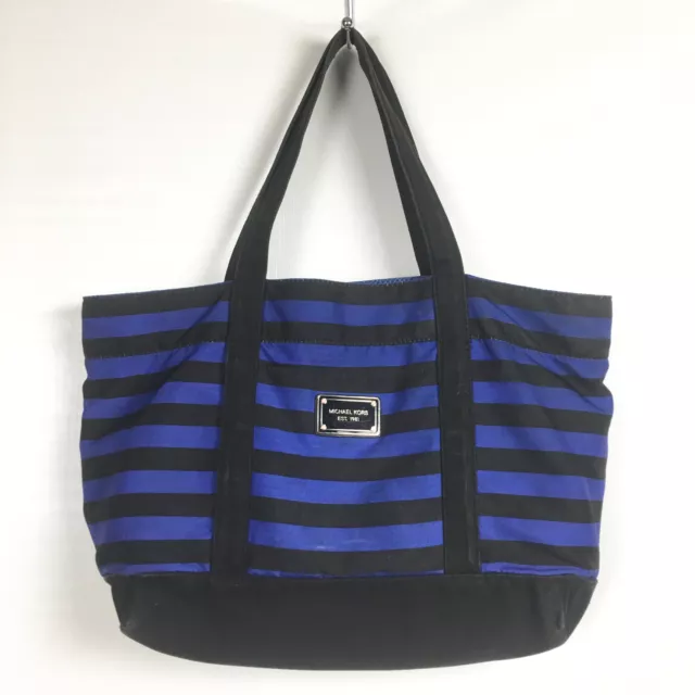 MICHAEL KORS CANVAS Tote Shoulder Bag Black Blue Stripe Nautical Stripe ...