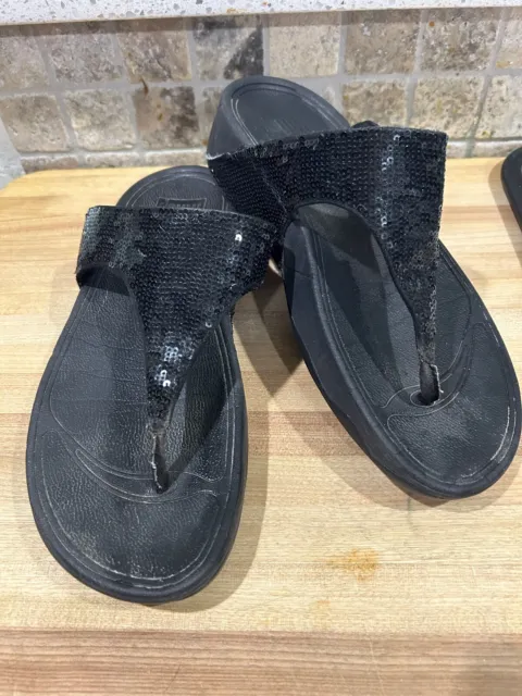 Fitflop Sandals Women’s Size 7 Black Sparkle T-Strap Thong Flip Flops Comfort