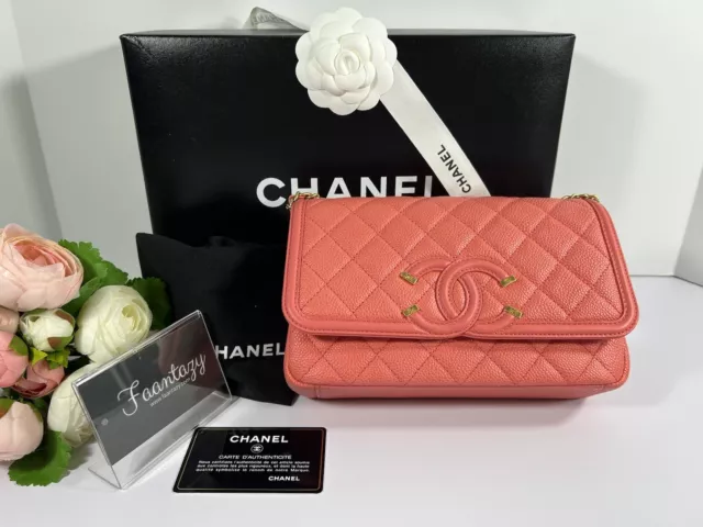 Authentic Chanel Medium Peachy Pink Caviar Filigree CC Flap Shoulder Bag GHW