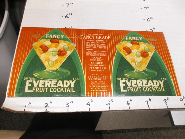 EVEREADY fruit cocktail 1930s metal tin can food paper label Barron-Gray