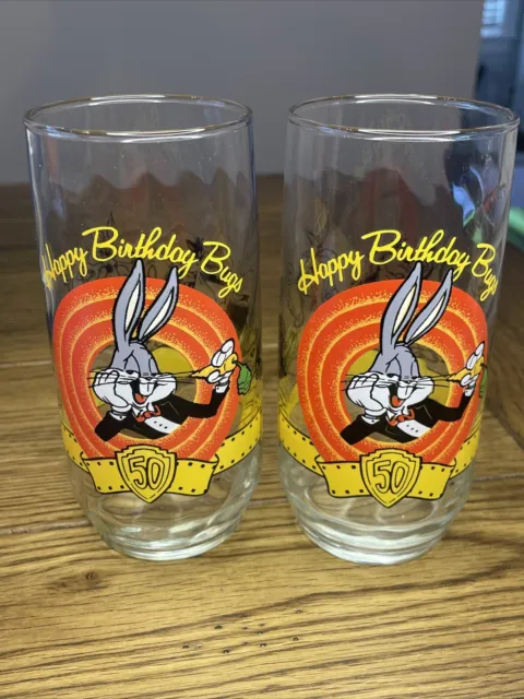 2 Vtg Happy Birthday Bugs Bunny Looney Toons Glass 50th Anniversary Warner Bros