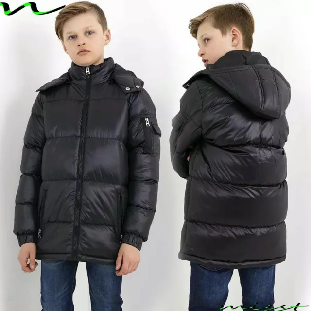 New Boys Shiny Black Coat Kids Back To School Hooded Parka Jacket Winter Warm Si