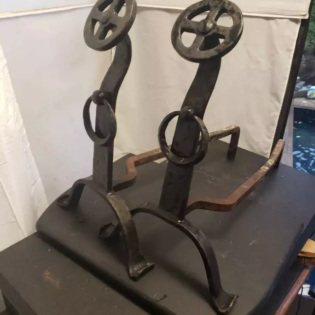 Vintage Fireplace Andirons Wrought Iron Arts Crafts Industrial Machine SteamPunk