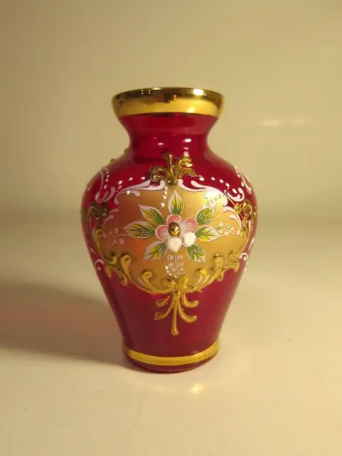 Small Venetian Murano Cranberry Art Glass Hand Painted Vase Urn Gilt Decoration