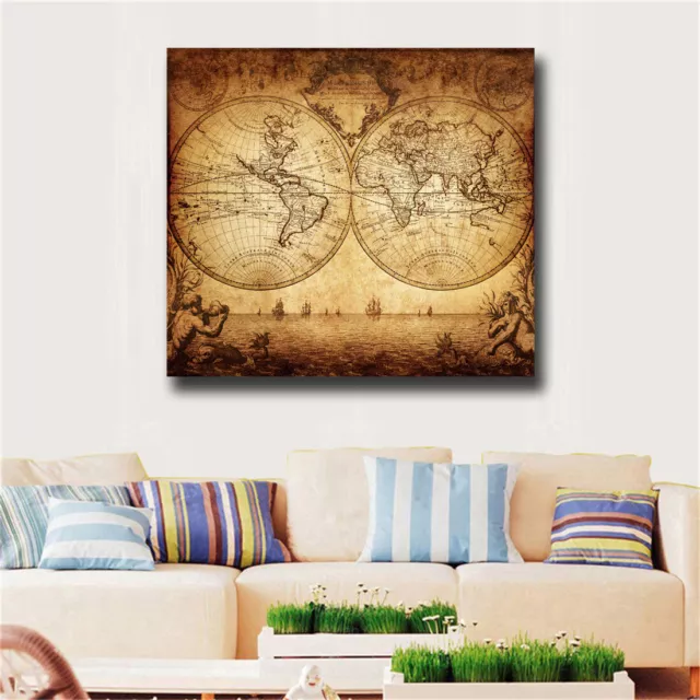 Vintage Poster Print Art Old the World Map of Global Nautical Sailing Ship Decor