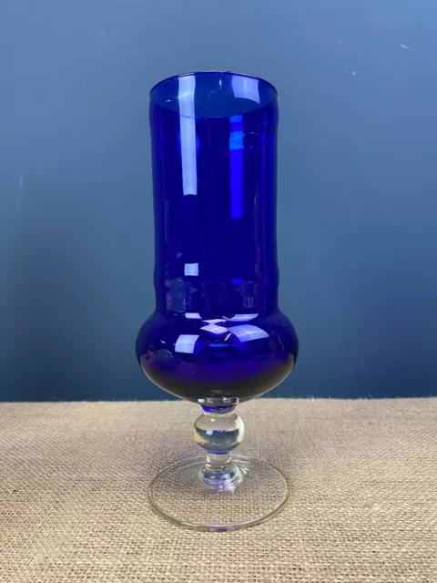Unusual Shaped Vintage Mid Century Blue Empoli Italian Art Glass Footed Vase