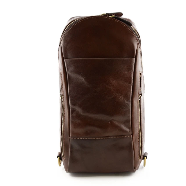 Sac à Dos Homme En Cuir Avec Bandoulière Et 2 Poches Latérales – Marque Brun, Neuf Avec étiquettes