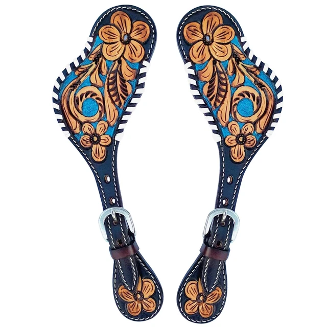 21RK Hilason Leather Spur Strap Western Floral Dark Brown Hand Paint