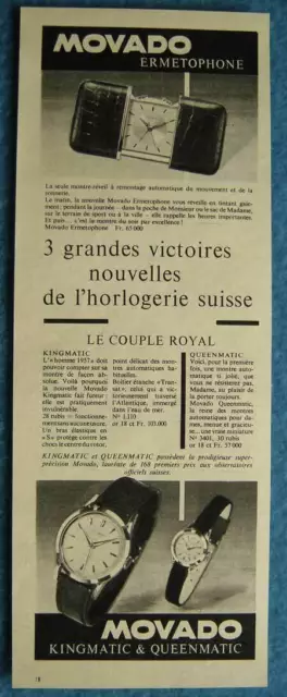 Publicité Papier - Montre-Réveil Ermetophone Movado et Kingmatic & Queen de 1956
