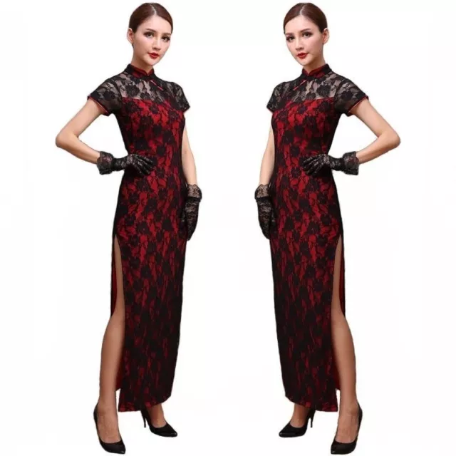 femmes Sexy chinois dentelle fleur col Mao ethnique Qipao robe longue vintage