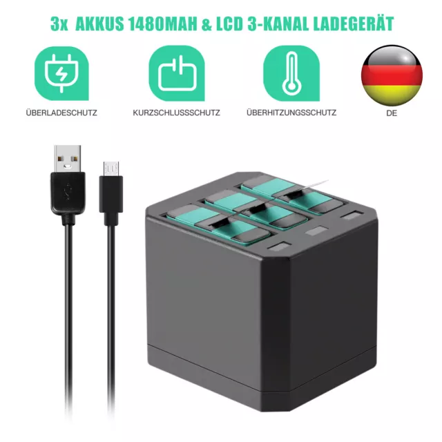 3× 1480mAh Akku & Ladegerät Für AHDBT 501 601 701 GoPro Hero 5 6 7 8 2018 Black