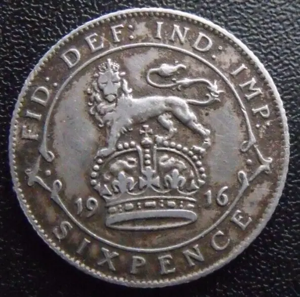 1918 WWI ERA GEORGE V SILVER SIXPENCE  ( .925 Silver )  British 6d Coin.   510