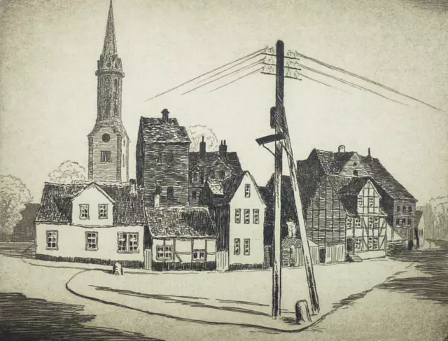 HANNOVER - Ansicht - Straßenecke mit Kirchturm - Radierung um 1930