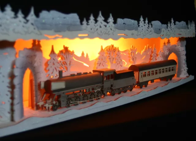 3D-Schwibbogen-Erhöhung Bank Eisenbahn im Winter Lok Dampflok Zug Erzgebirge