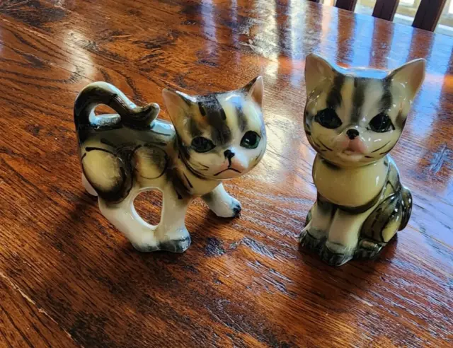 2 Vintage Ceramic Tabby Cat Figurines Glossy Glaze Unmarked Happy Frown 3 1/4"