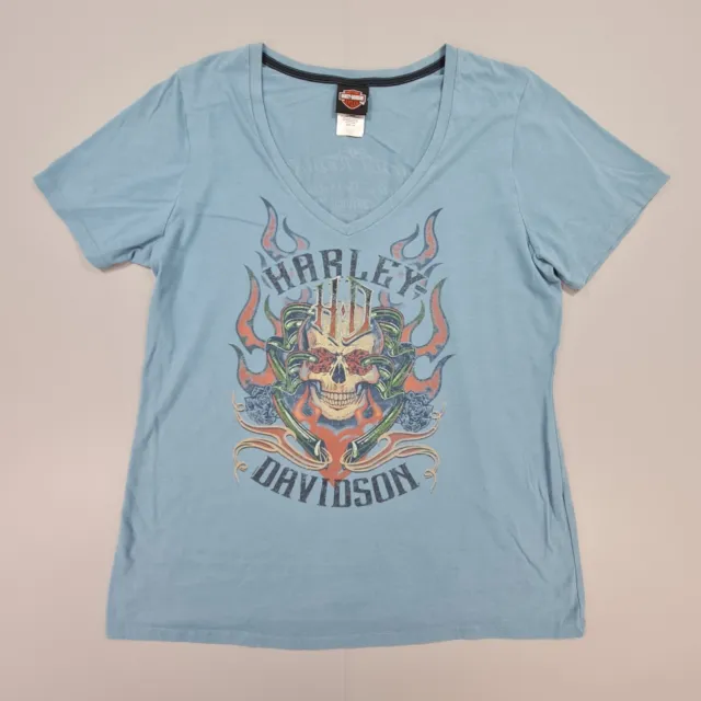 Harley Davidson Womens T Shirt Blue XL Cotton Blend Skull Print V Neck Top