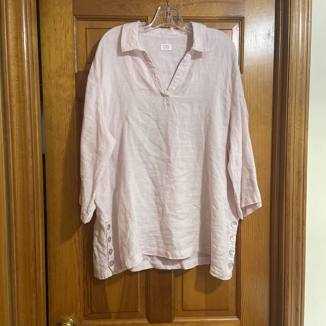 sigrid olsen v neck linen Tunic Top Blouse light Pink L  2XL 3/4 sleeve