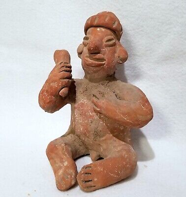 Pre-Columbian? Mayan? Antique 8 3/4" Terracotta Clay Seated Nude Boy Figurine