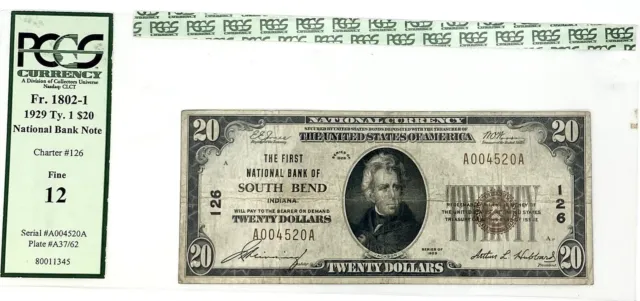 1929 PCGS $20 National Bank Of South Bend Fine 12