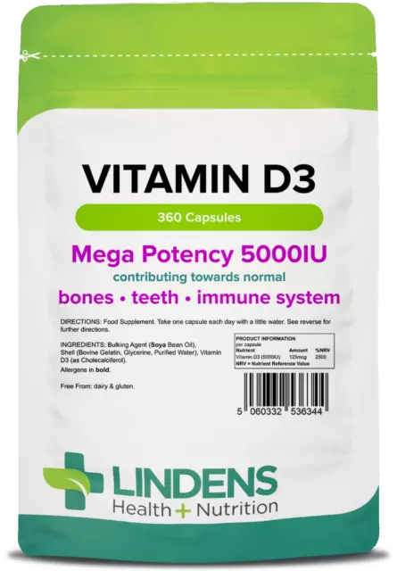 VITAMIN D3 5000IU High Strength 300 Capsules Soft Gel Immune Health Lindens