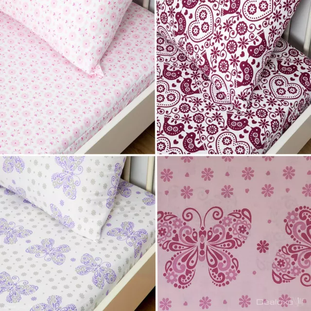 100% Cotton Baby Cot Sheet Set - Heart Bird Butterfly - Fitted sheet pillowcase