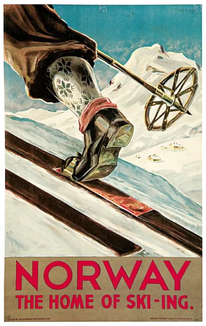 Decor Norway the home of ski-ing Poster. Fine Graphic Design. Wall Art. 1949