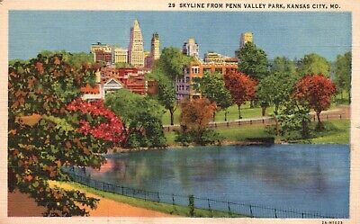 Kansas City, MO, Skyline from Penn Valley Park, 1942 Vintage Postcard e2795