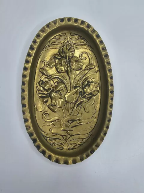 Vintage Brass Dish, Trinket Dish, Art Nouveau, Iris Flowers,  Oval